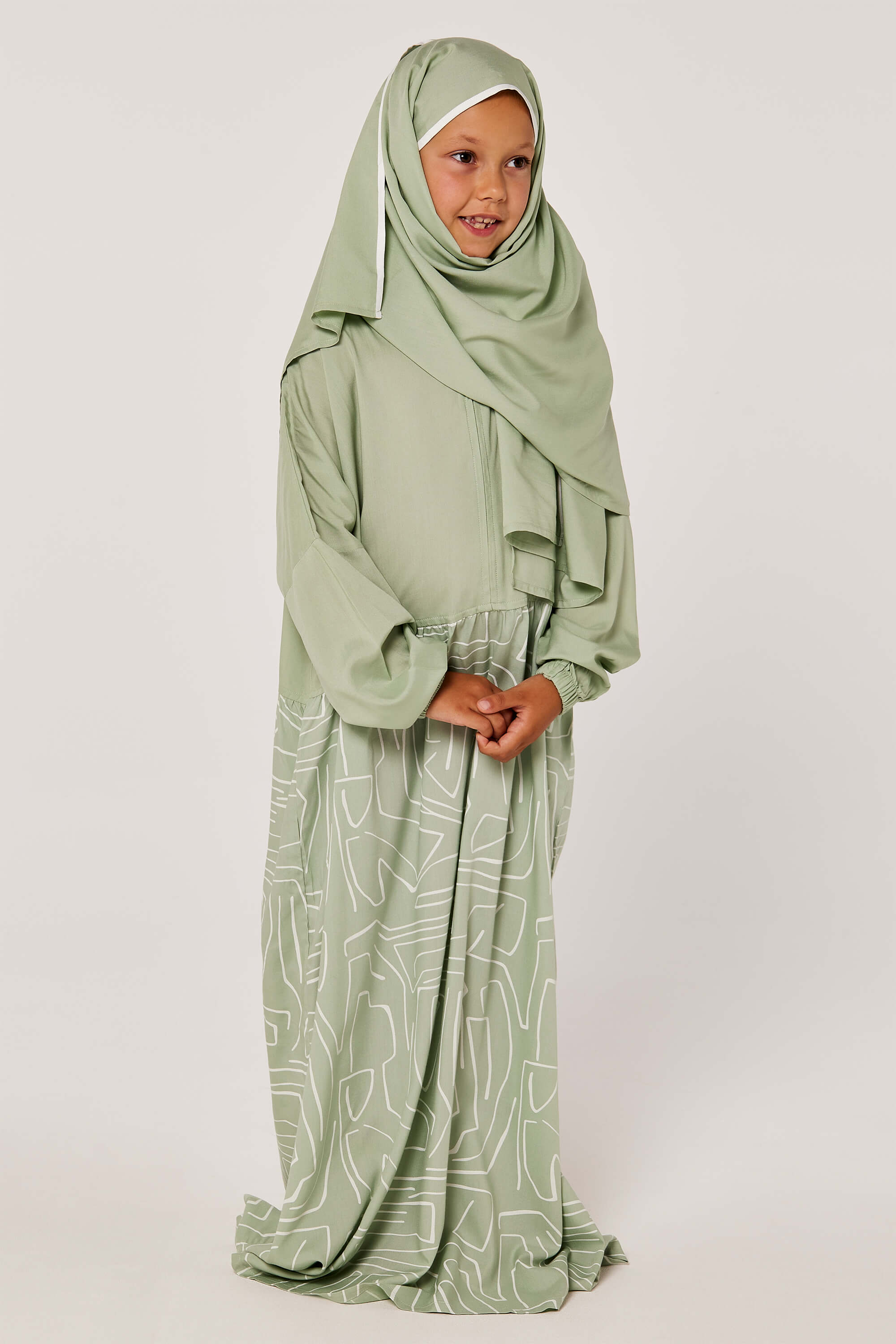 Zippered Style Half Plain Half Printed Prayer Dress with Matching Veil for Girls product image 3