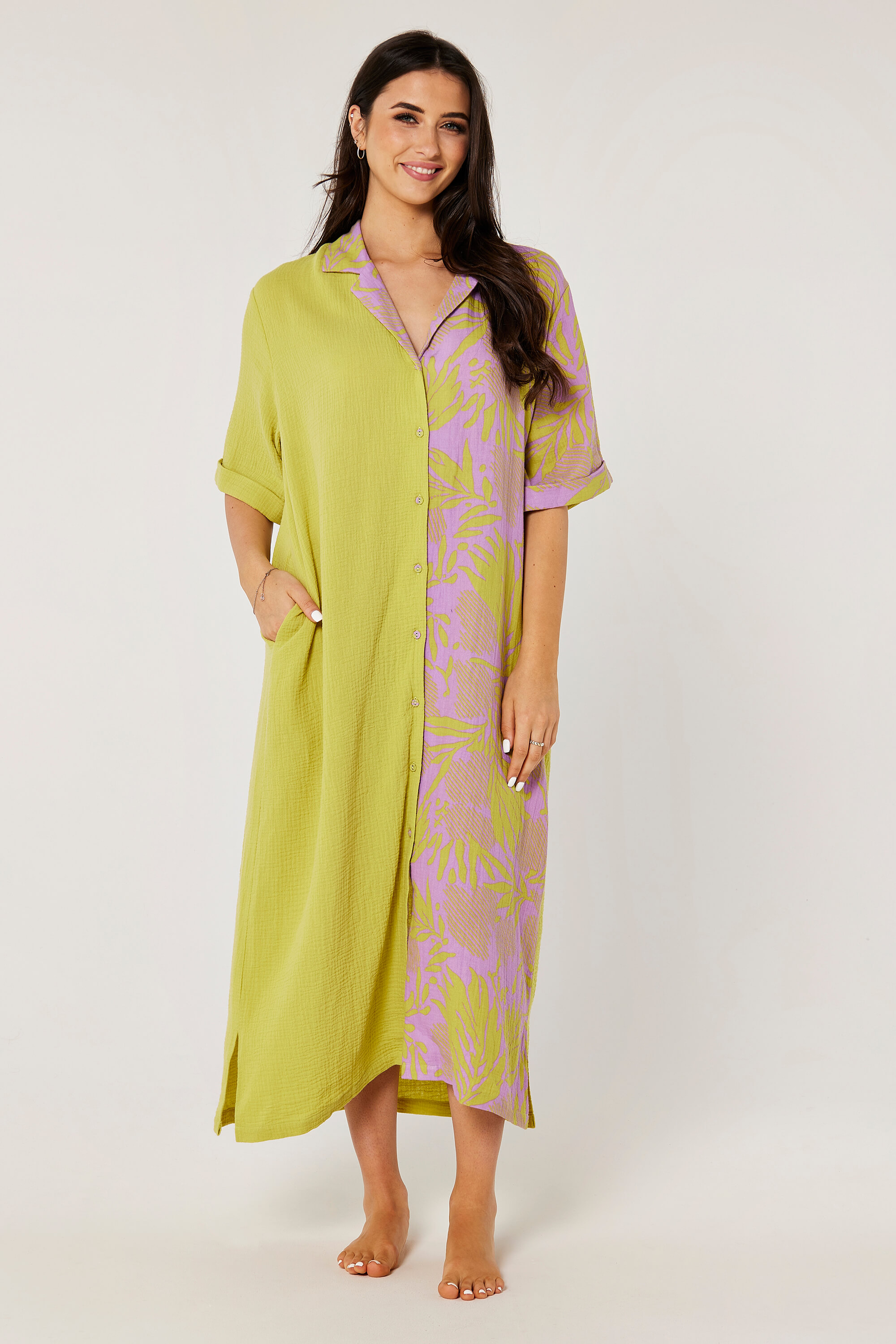 Half Print Design and Short Sleeves Buttoned Shirt Dress product image 2