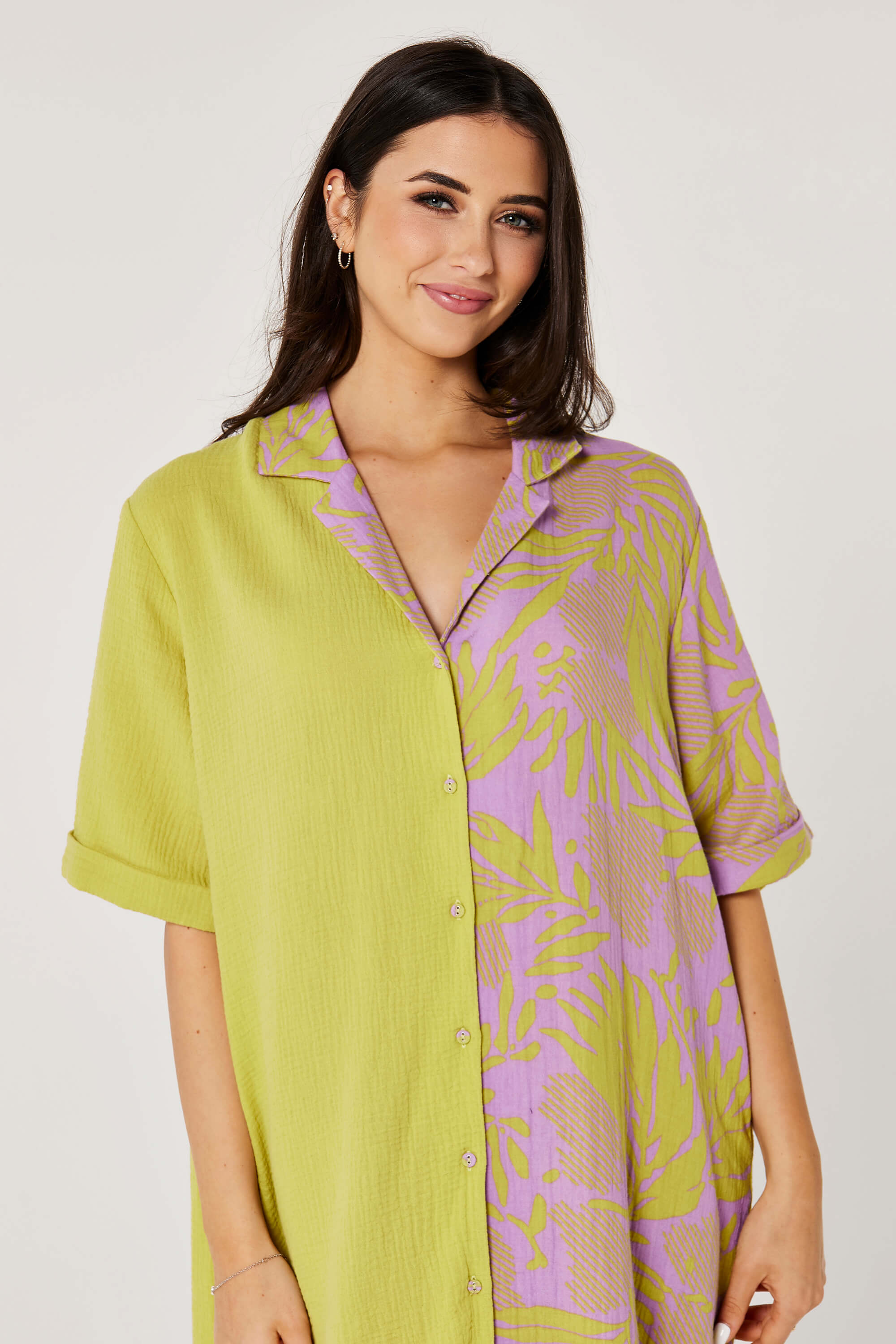 Half Print Design and Short Sleeves Buttoned Shirt Dress product image 4